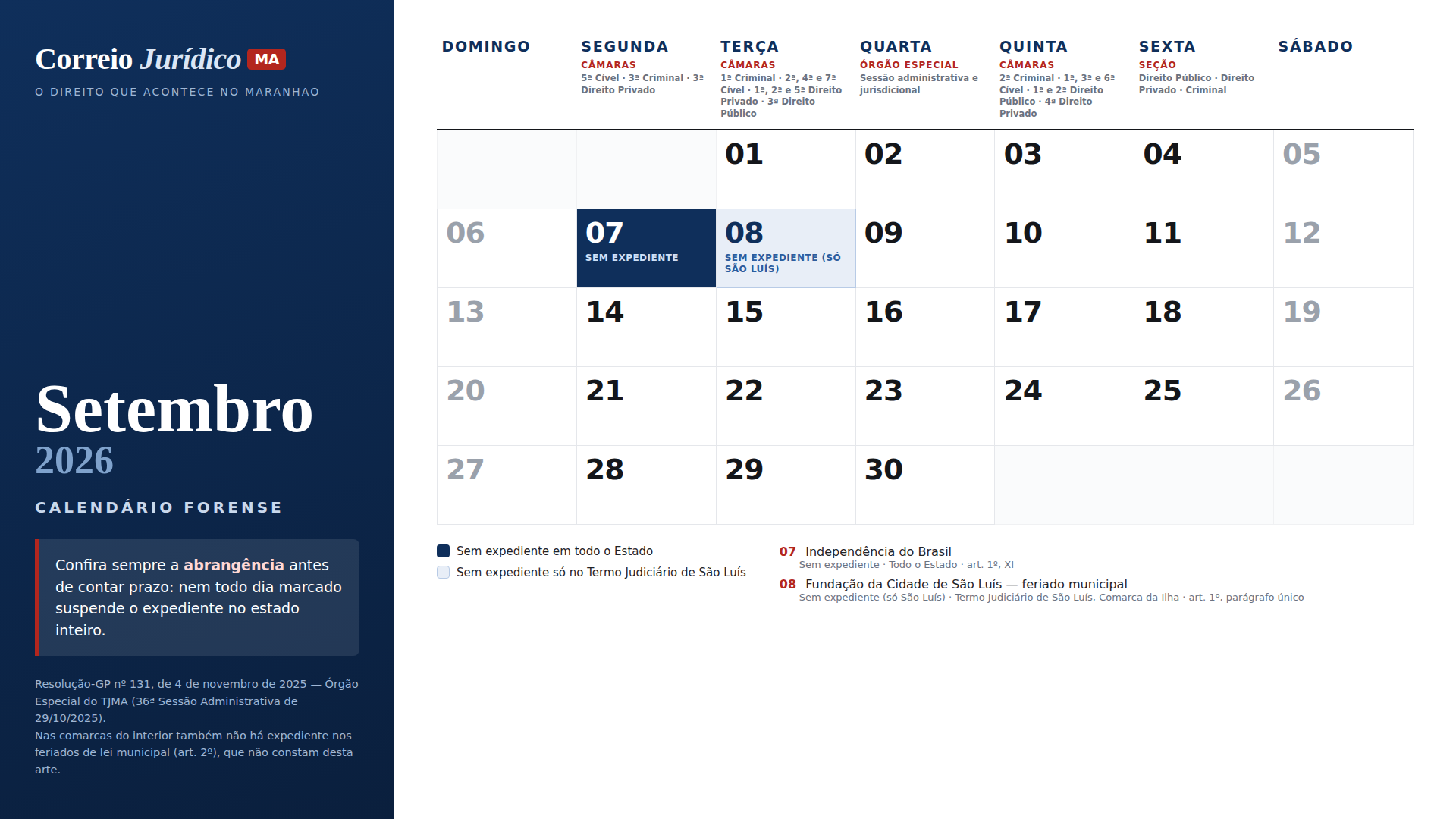 Calendário forense de Setembro de 2026, com os dias sem expediente destacados, separando os que valem em todo o Estado dos que valem só no Termo Judiciário de São Luís